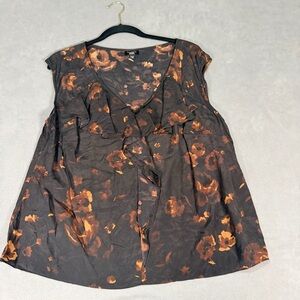 Talbots Woman Petite Silk Sleeveless Ruffle Top/Blouse Brown Floral V-Neck- 16WP
